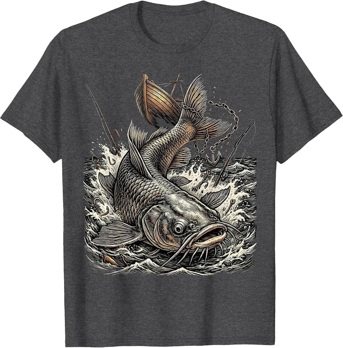 Giant Catfish Dragging Boat Funny Fishing Design T-Shirt - Dark Heather Grey