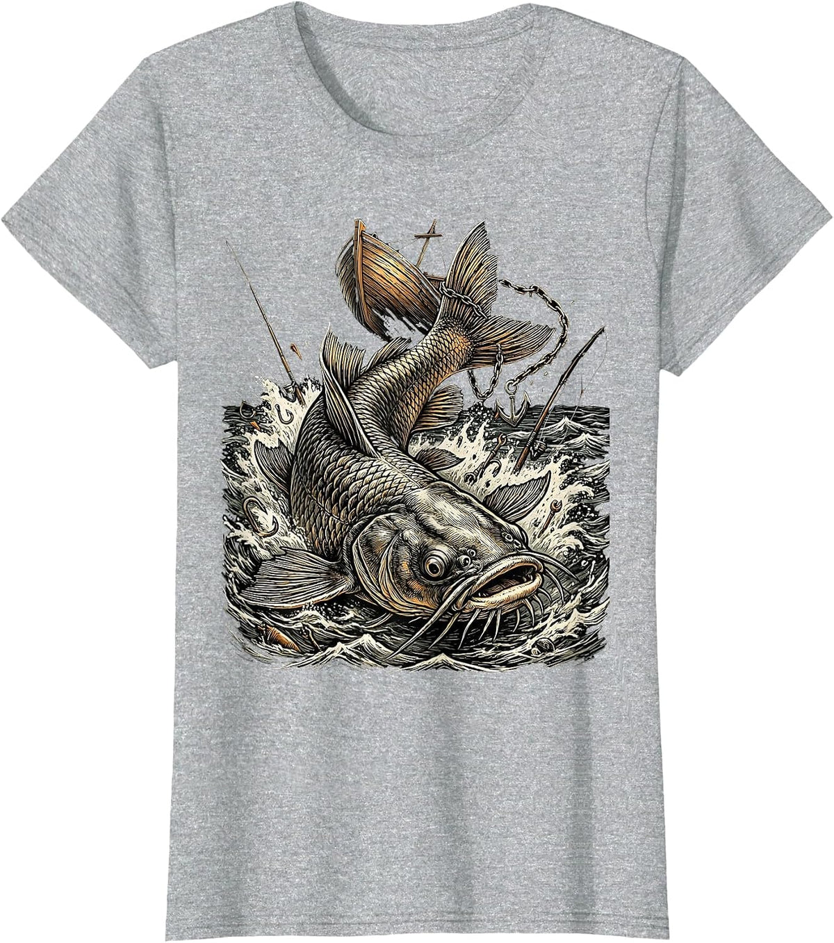Giant Catfish Dragging Boat Funny Fishing Design T-Shirt - Heather Grey