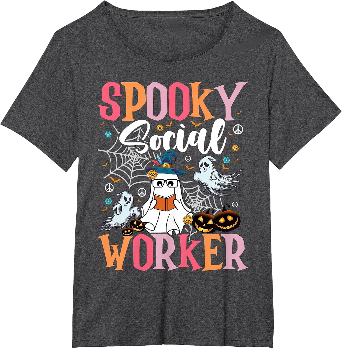 Groovy Retro Ghost Spooky Social Worker Halloween Costume T-Shirt - Dark Heather Grey