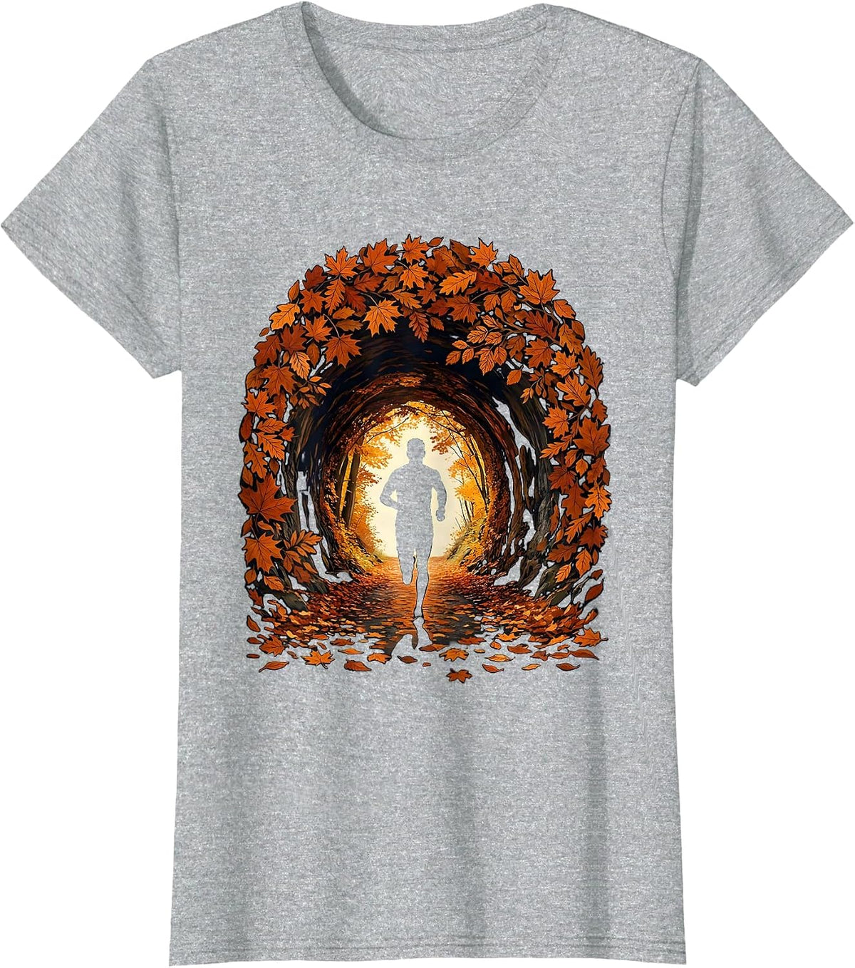 Runner Silhouette Autumn Leaf Tunnel Graphic Tee T-Shirt - Heather Grey