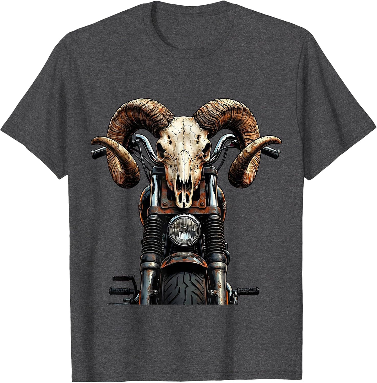 Ram Skull Motorcycle Handlebars Biker Graphic T-Shirt - Dark Heather Grey
