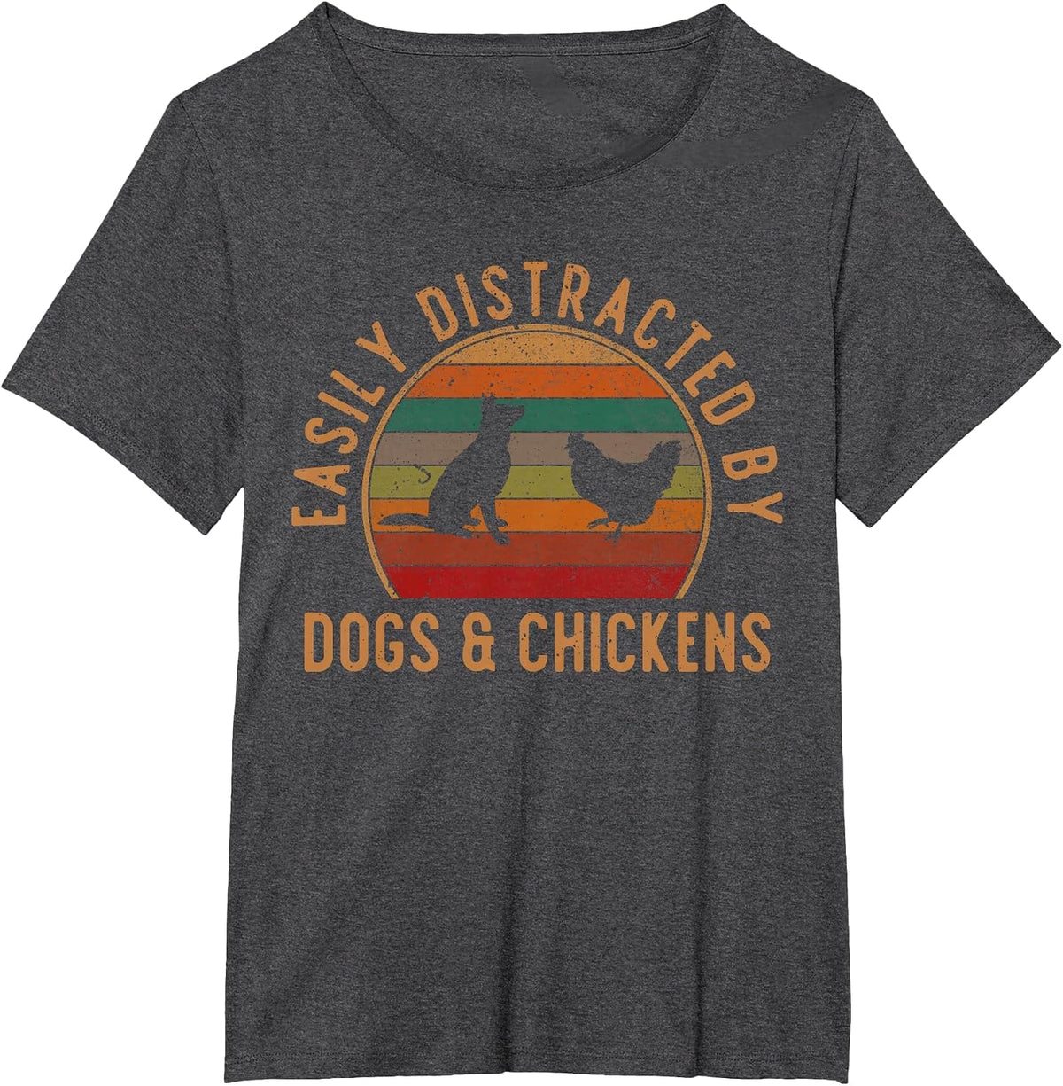 Easily Distracted By Dogs and Chickens Retro Vintage Funny T-Shirt - Dark Heather Grey
