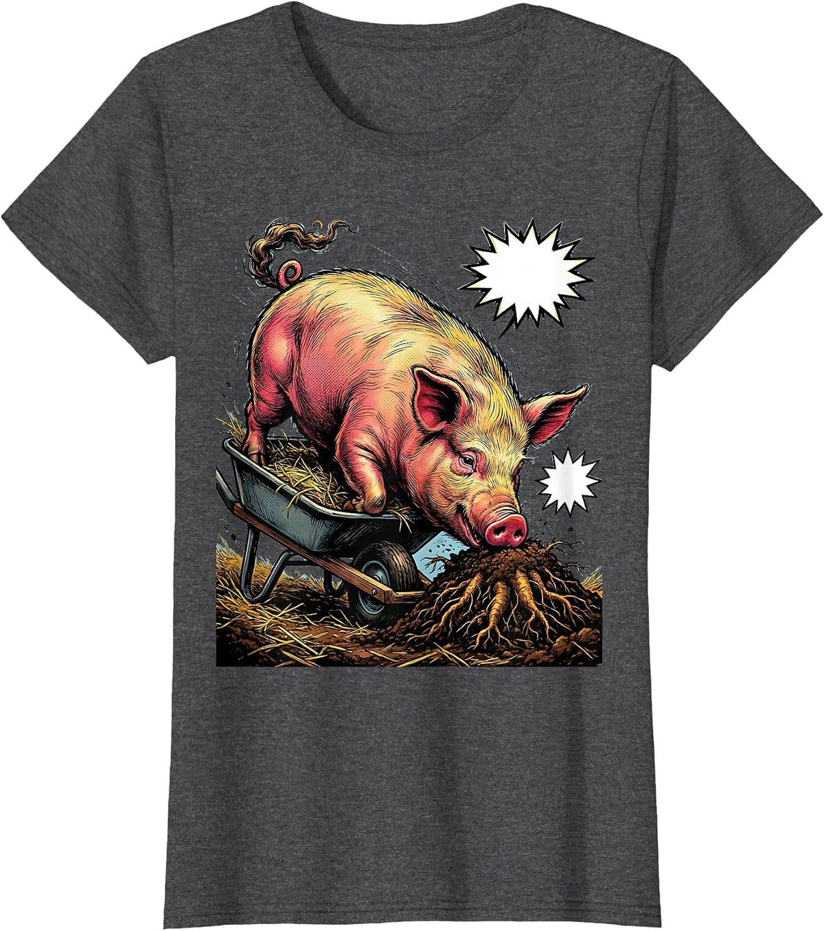 Women's Potbellied Pig Comic Book Farm Animal Lover T-Shirt - Dark Heather Grey