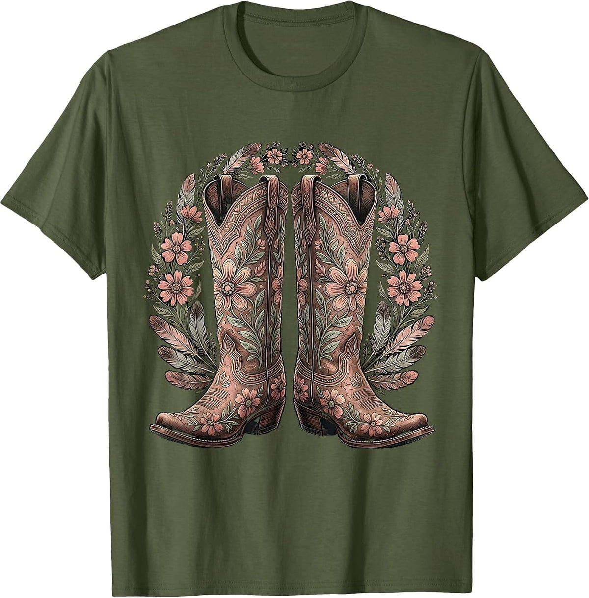 Nashville Cowboy Boots Floral Embroidery Design T-Shirt - Olive Green