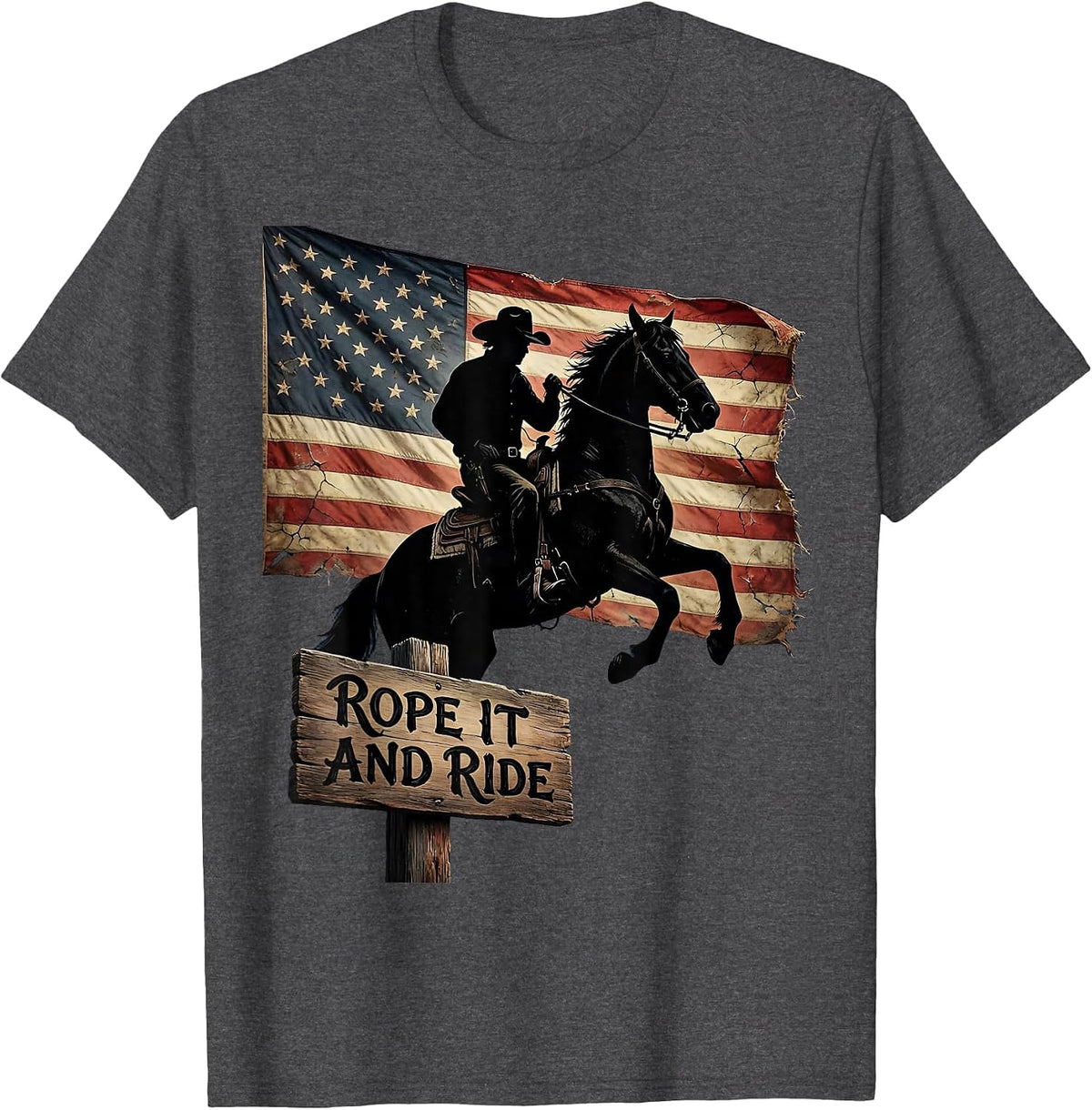 Men's Rope It and Ride Western Cowboy Design T-Shirt - Dark Heather Grey