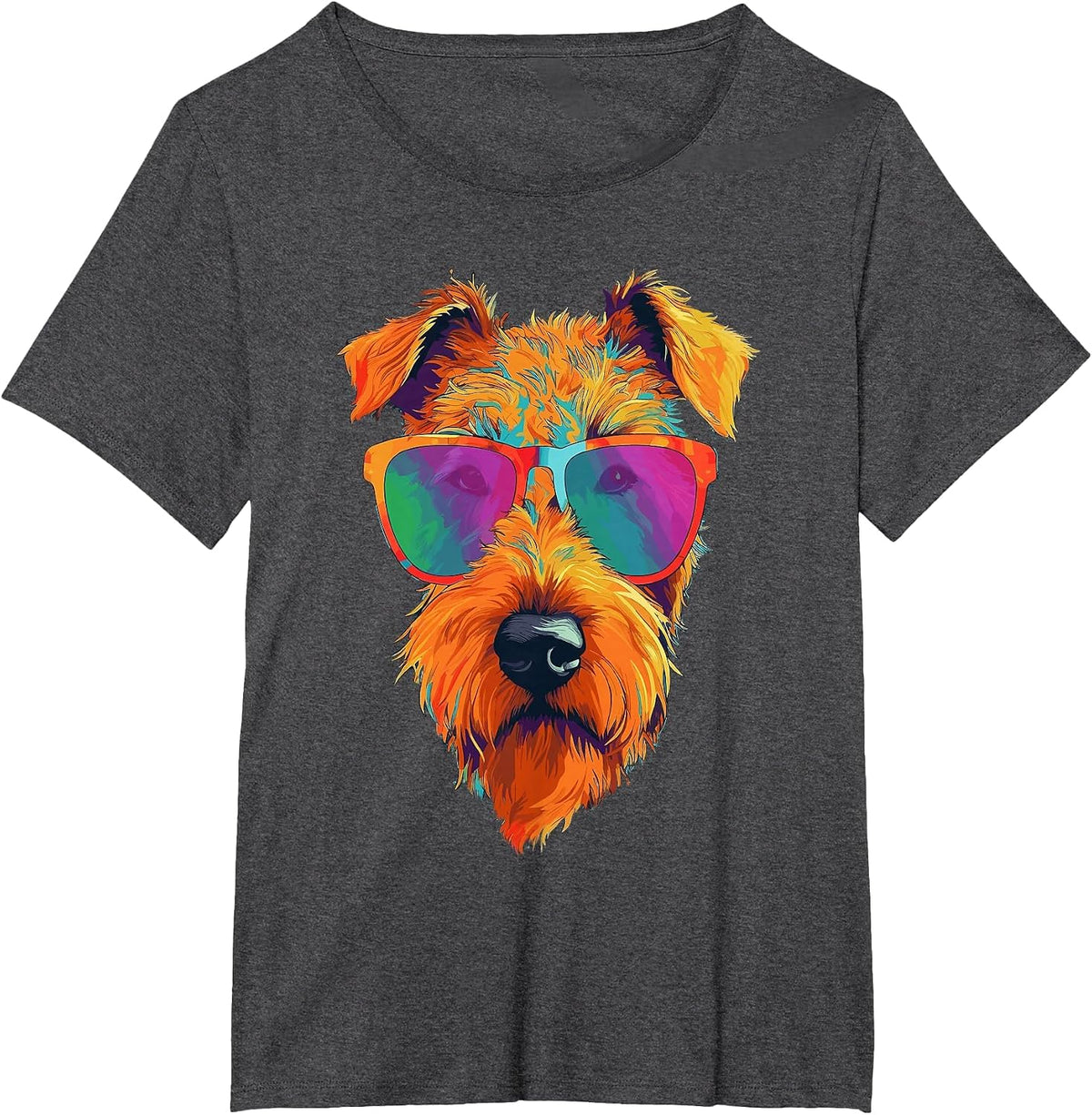 Colorful Pop Art Airedale Terrier Wearing Sunglasses Face T-Shirt - Dark Heather Grey
