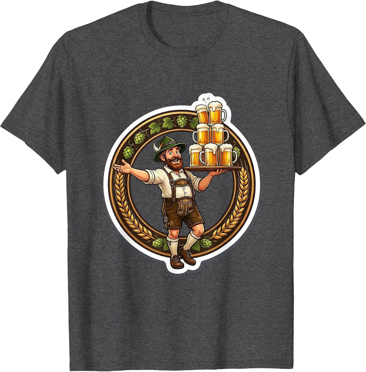 Oktoberfest Beer Stein Stack Carrying Tray Graphic T-Shirt - Dark Heather Grey