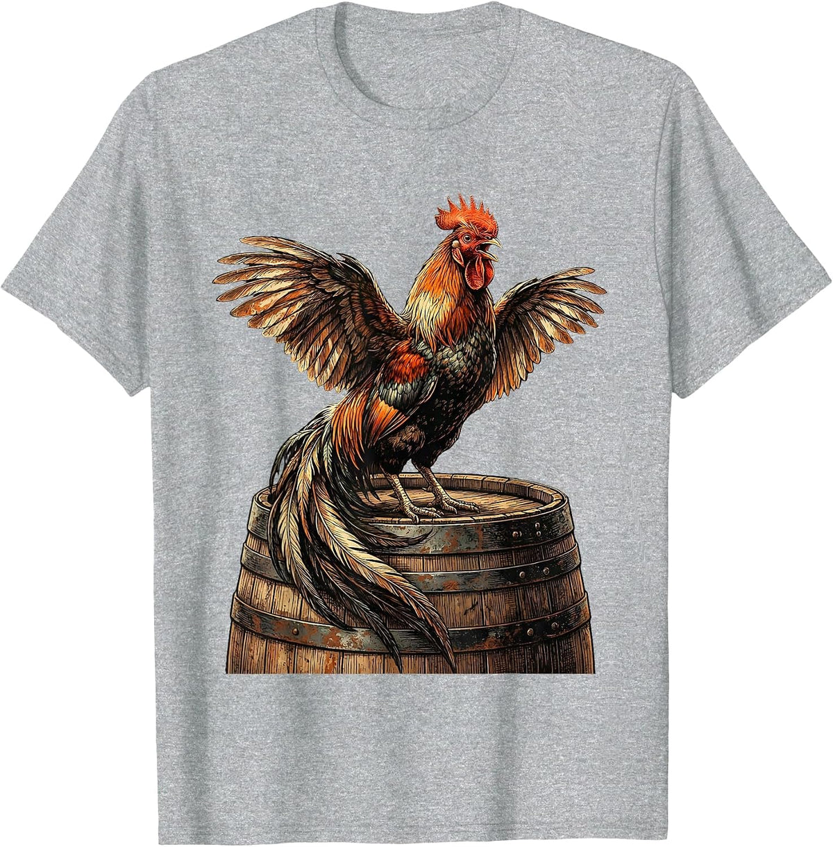 Men's Rooster Crowing on Wooden Keg Graphic T-Shirt - Heather Grey