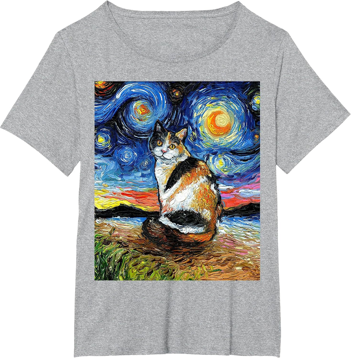 Calico Cat Starry Night Kitty and Moon Celestial Artwork T-Shirt - Heather Grey