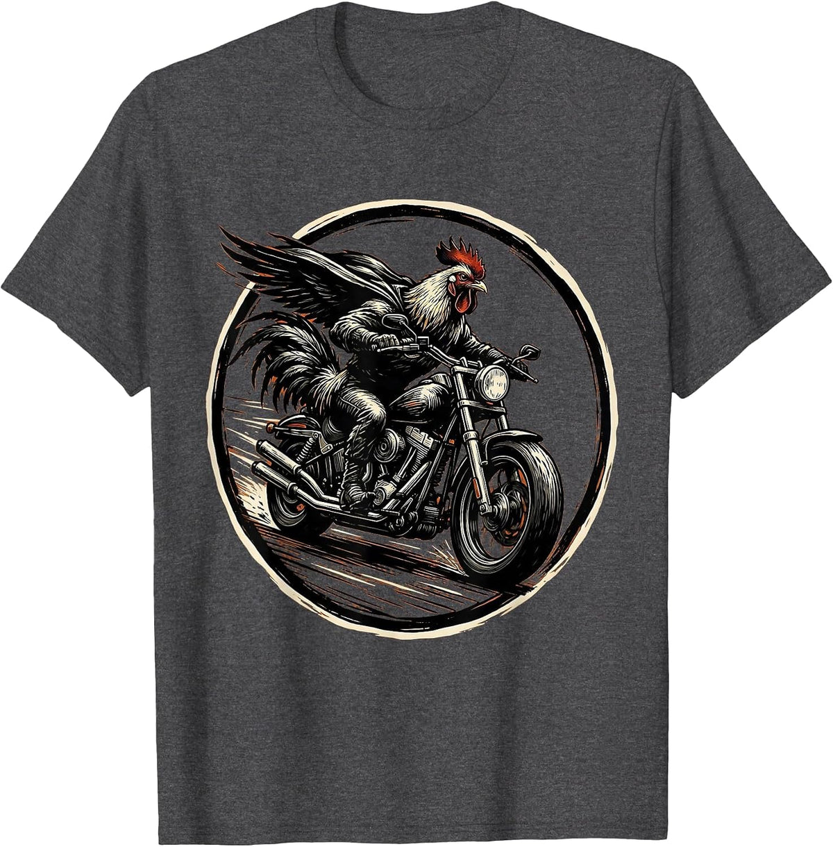Chicken Riding Motorcycle Full Speed Biker T-Shirt - Dark Heather Grey