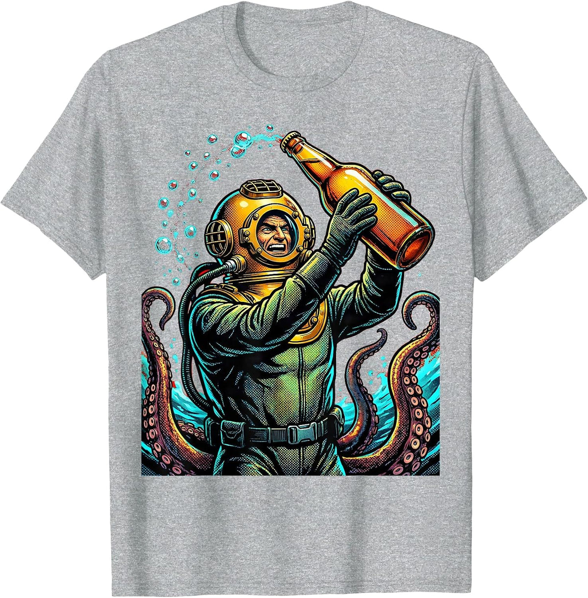 Men's Deep Sea Diver Giant Beer Bottle Illustration T-Shirt - Heather Grey