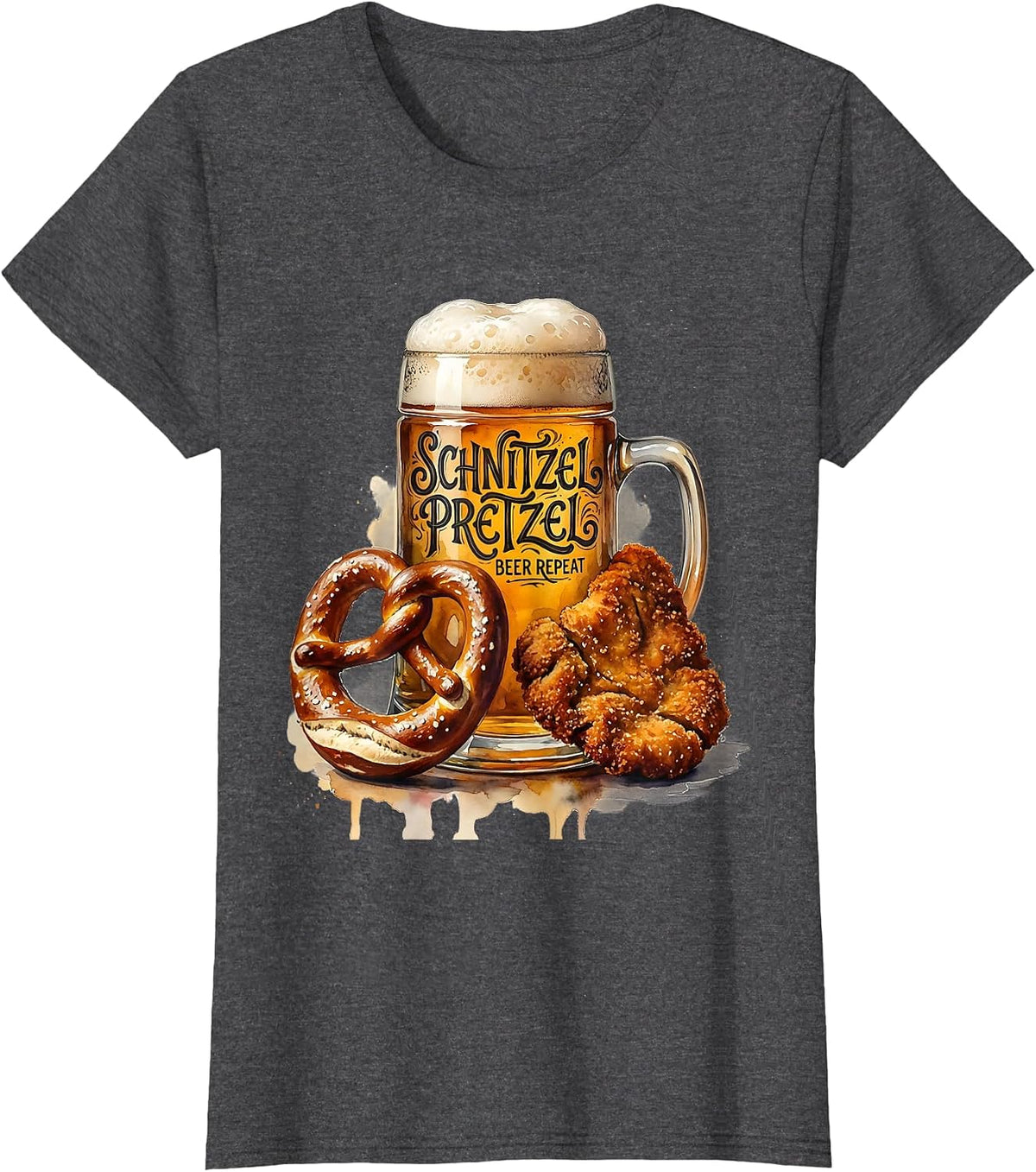 Women's Schnitzel Pretzel Beer Repeat Oktoberfest Design T-Shirt - Dark Heather Grey