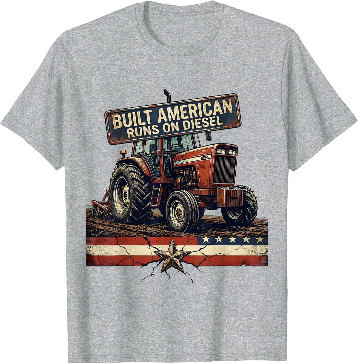 Men's Built American, Runs On Diesel Distressed Farmer Tractor T-Shirt - Heather Grey