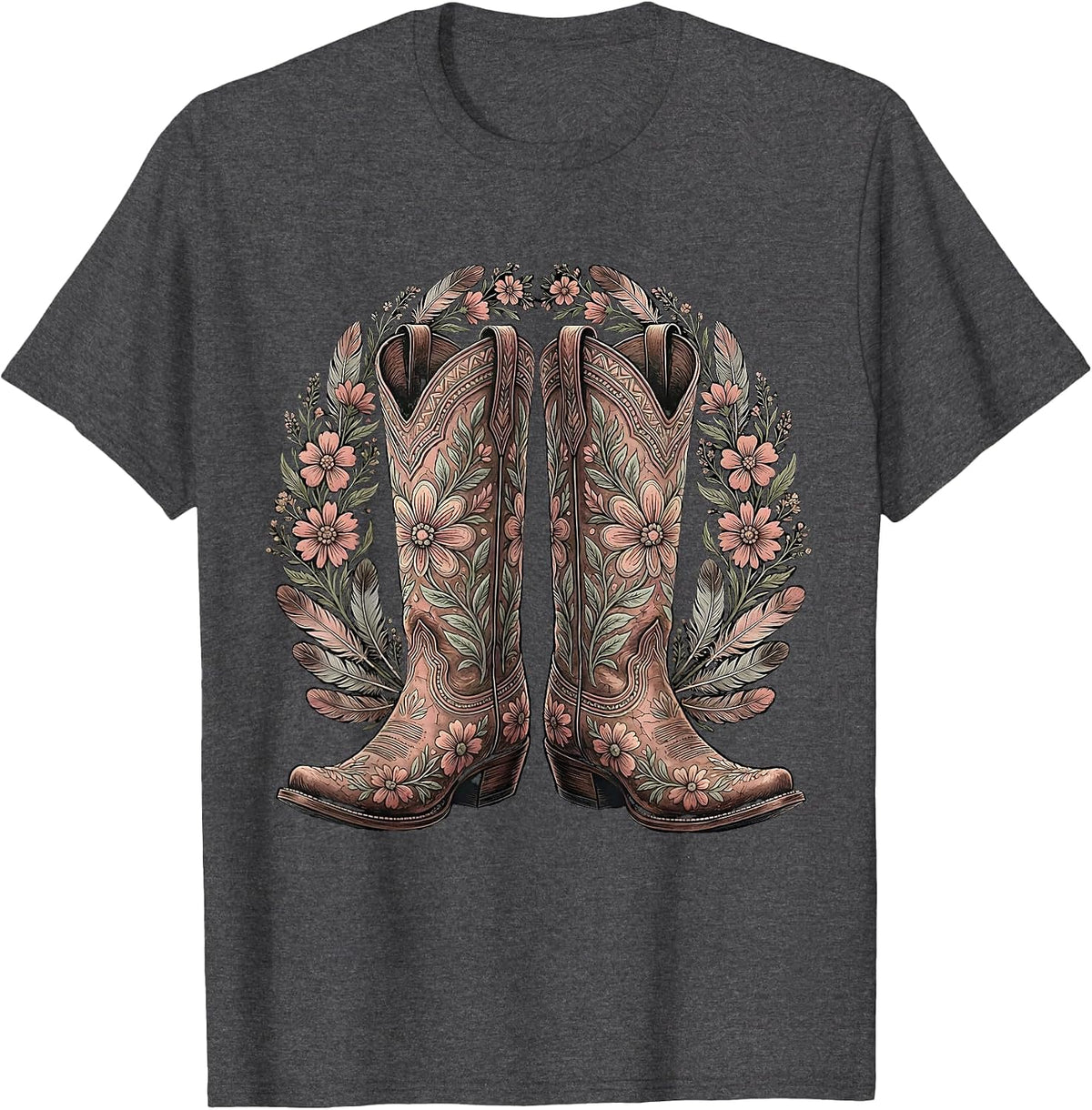 Nashville Cowboy Boots Floral Embroidery Design T-Shirt - Dark Heather Grey