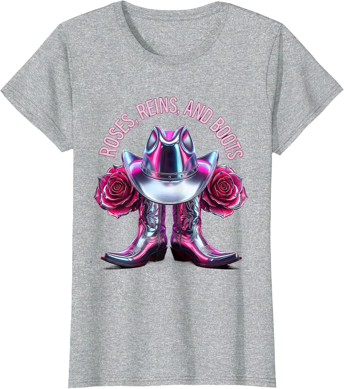 Pink Cowgirl Roses Reins and Boots Design T-Shirt - Heather Grey