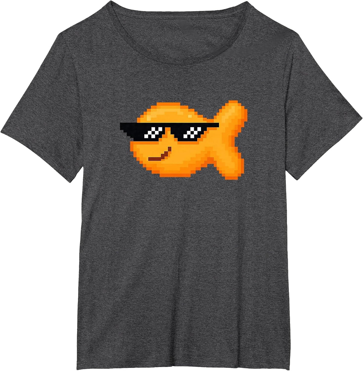 Pixelated Goldfish Snack with Thug Pixel Sunglasses T-Shirt - Dark Heather Grey
