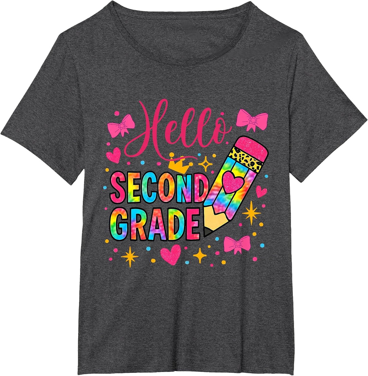 Hello Second Grade Colorful Pencil Tie Dye Back to School T-Shirt - Dark Heather Grey
