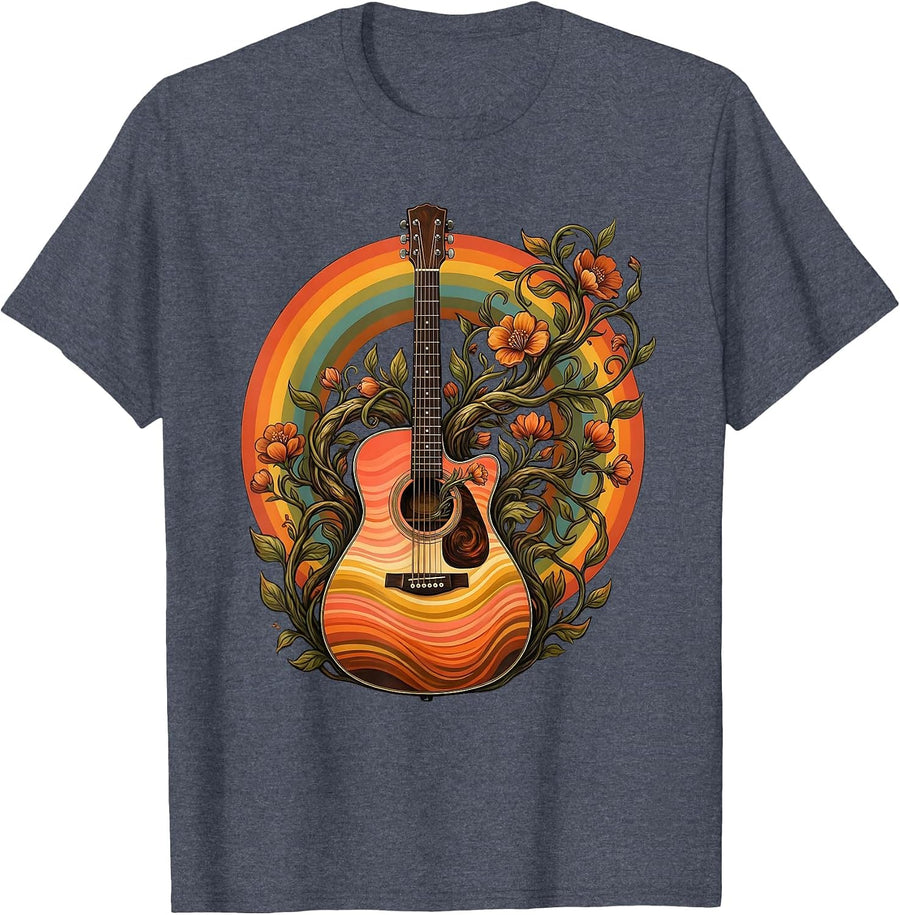 Acoustic Guitar Floral Vines Soundhole Illustration T-Shirt - Heather Blue