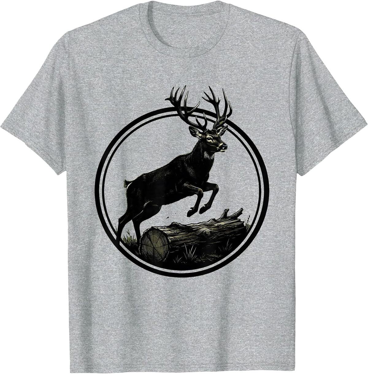 Men's Camo Buck Deer Leaping Over Fallen Log T-Shirt - Heather Grey