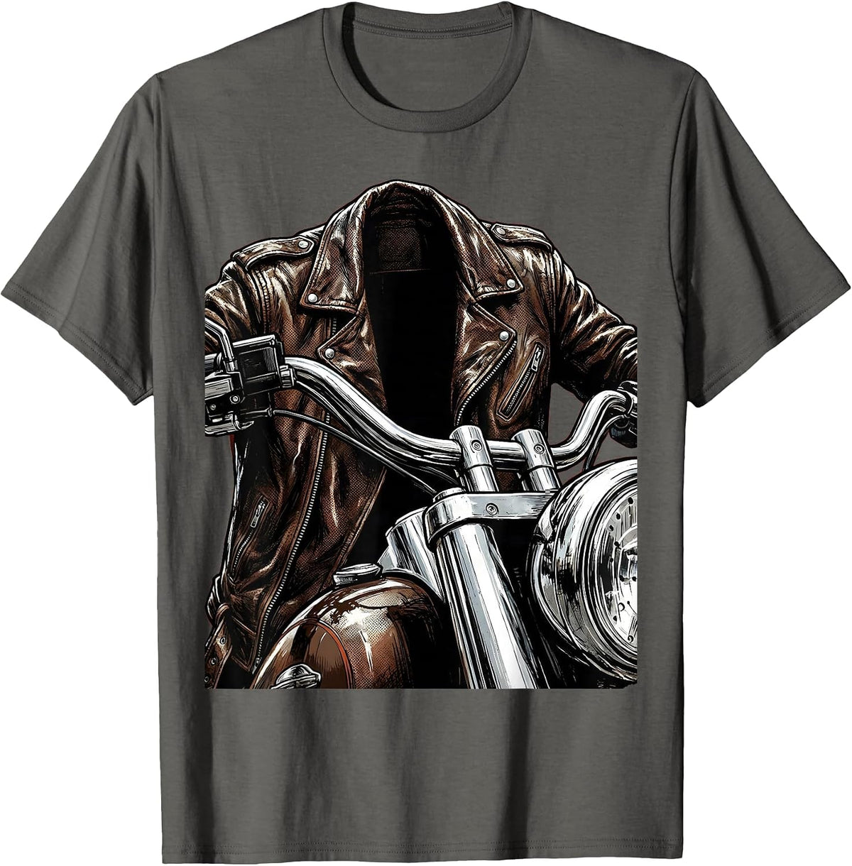 Men's Retro Motorcycle Leather Jacket Graphic Tee T-Shirt - Asphalt Grey