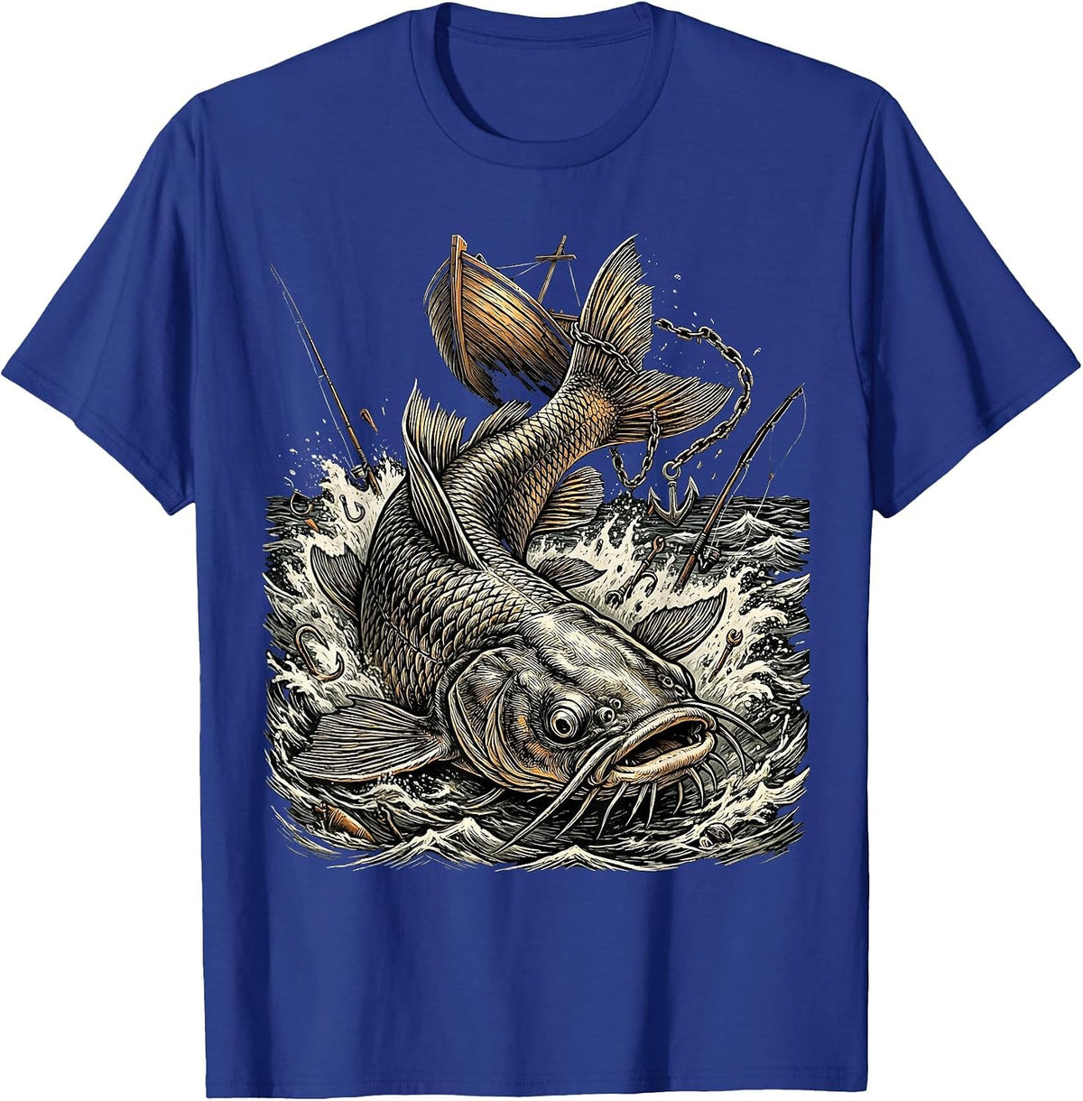 Giant Catfish Dragging Boat Funny Fishing Design T-Shirt - Royal Blue