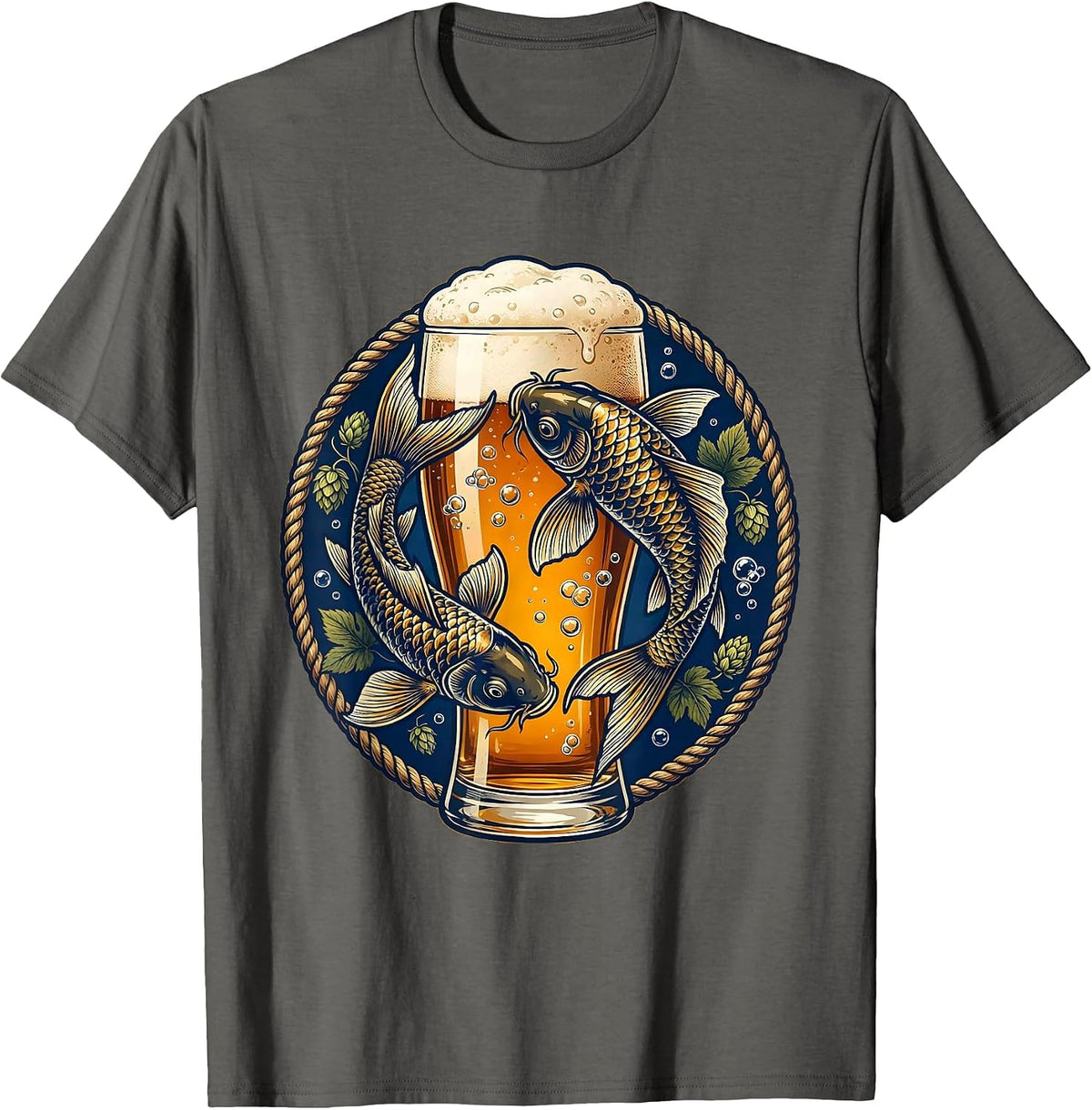 Koi Fish Beer Glass Graphic Tee T-Shirt - Asphalt Grey