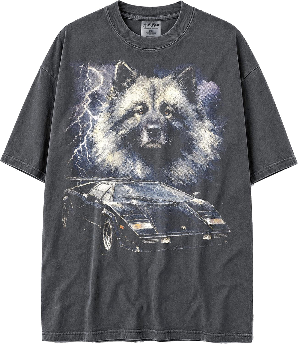 Shaka Wear USA MAX-Heavyweight Oversized 100% Faded Cotton 80s Dog Night Tshirt for Men & Women 7.5oz - Keeshond