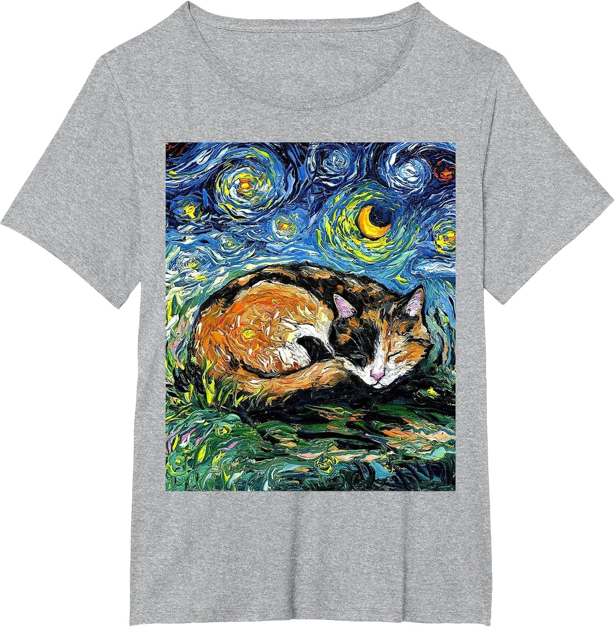 Sleeping Calico Cat Starry Night Animal Lover Pet Artwork T-Shirt - Heather Grey