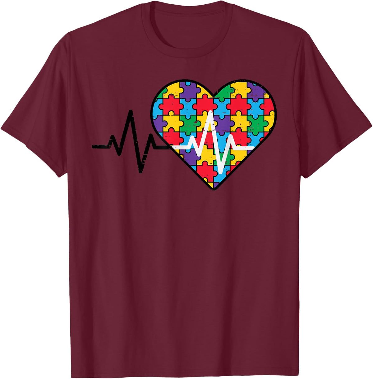 Autism Heartbeat Puzzle Heart ASD Awareness Men Women Kids T-Shirt - Burgundy