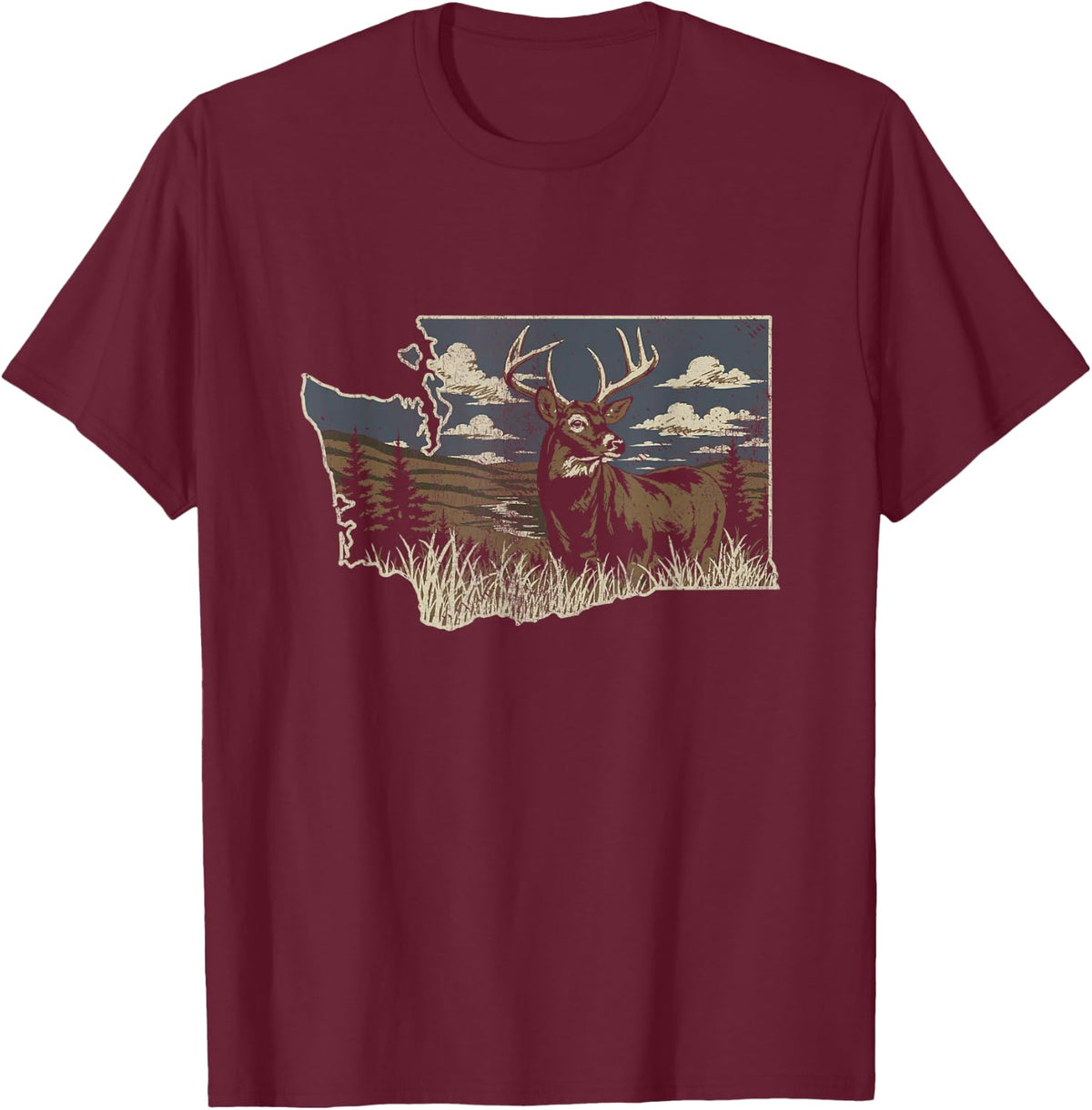 Washington Deer Hunting Distressed T-Shirt - Burgundy