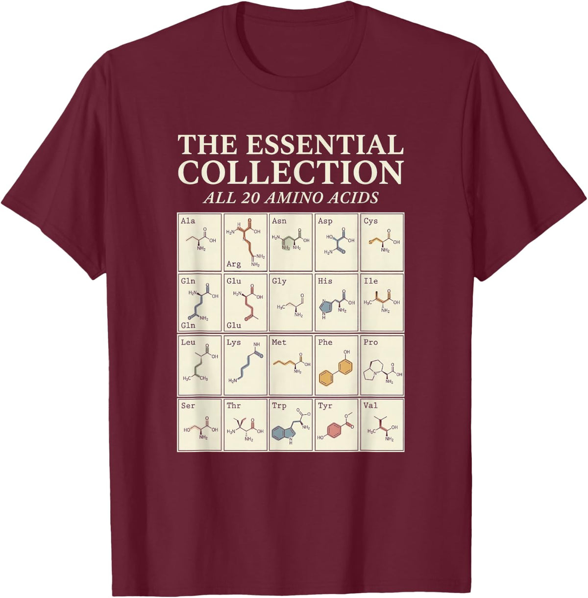 20 Amino Acids, Biochem Art T-Shirt - Burgundy
