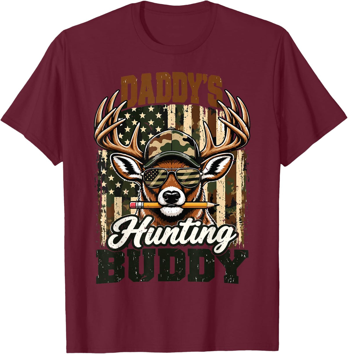 Boys Deer Hunting Camo Daddy's Hunting Buddy American Flag T-Shirt - Burgundy