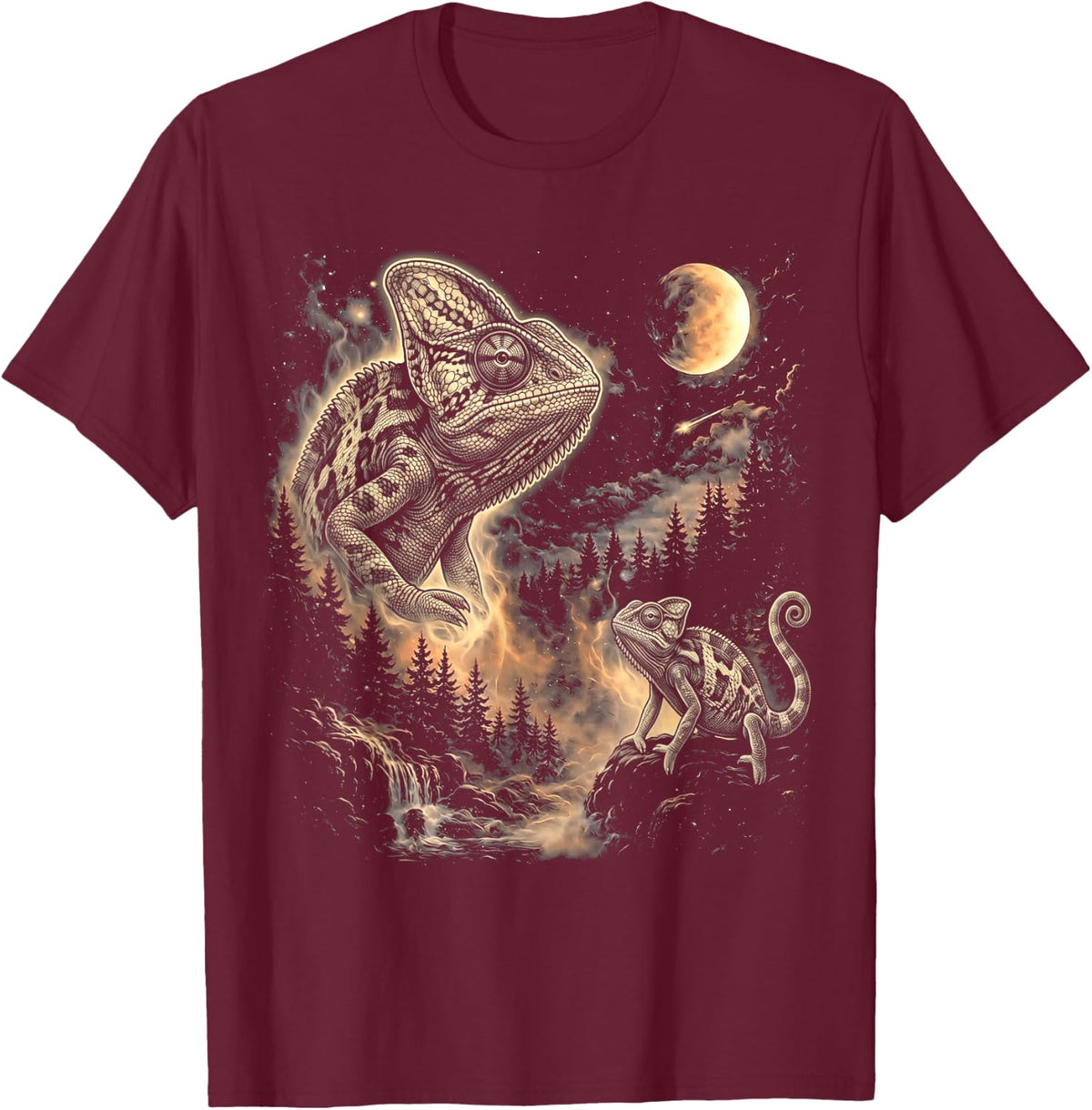 Cute Chameleon Howling to The Moon Vintage 90s Retro Lizard T-Shirt - Burgundy