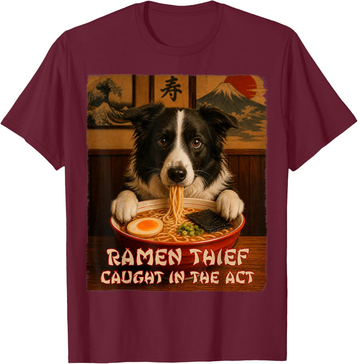 Funny Dog Tee - Border Collie - Ramen Dog Thief T-Shirt - Burgundy