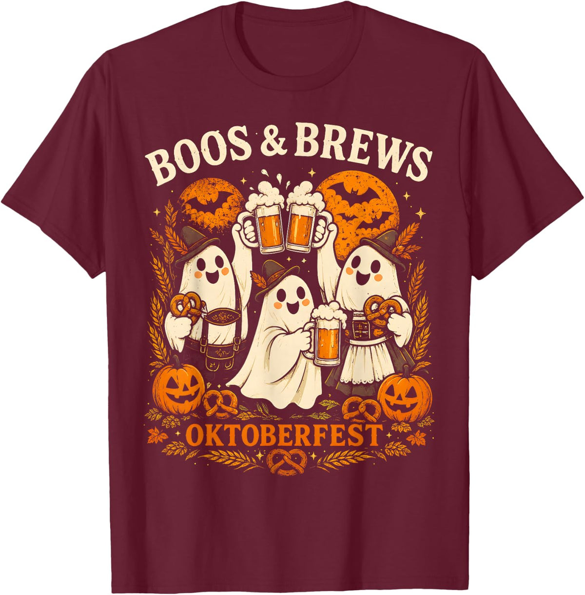 Boos and Brews Oktoberfest Halloween Ghost Men Women T-Shirt - Burgundy