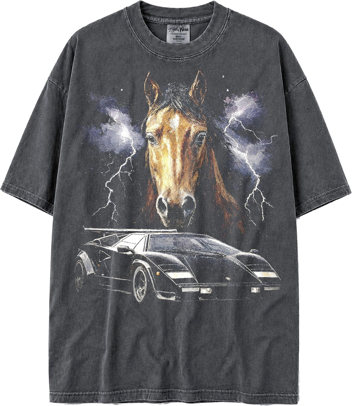 Shaka Wear USA MAX-Heavyweight Oversized 100% Faded Cotton 80s Dog Night Tshirt for Men & Women 7.5oz - Brown Horse