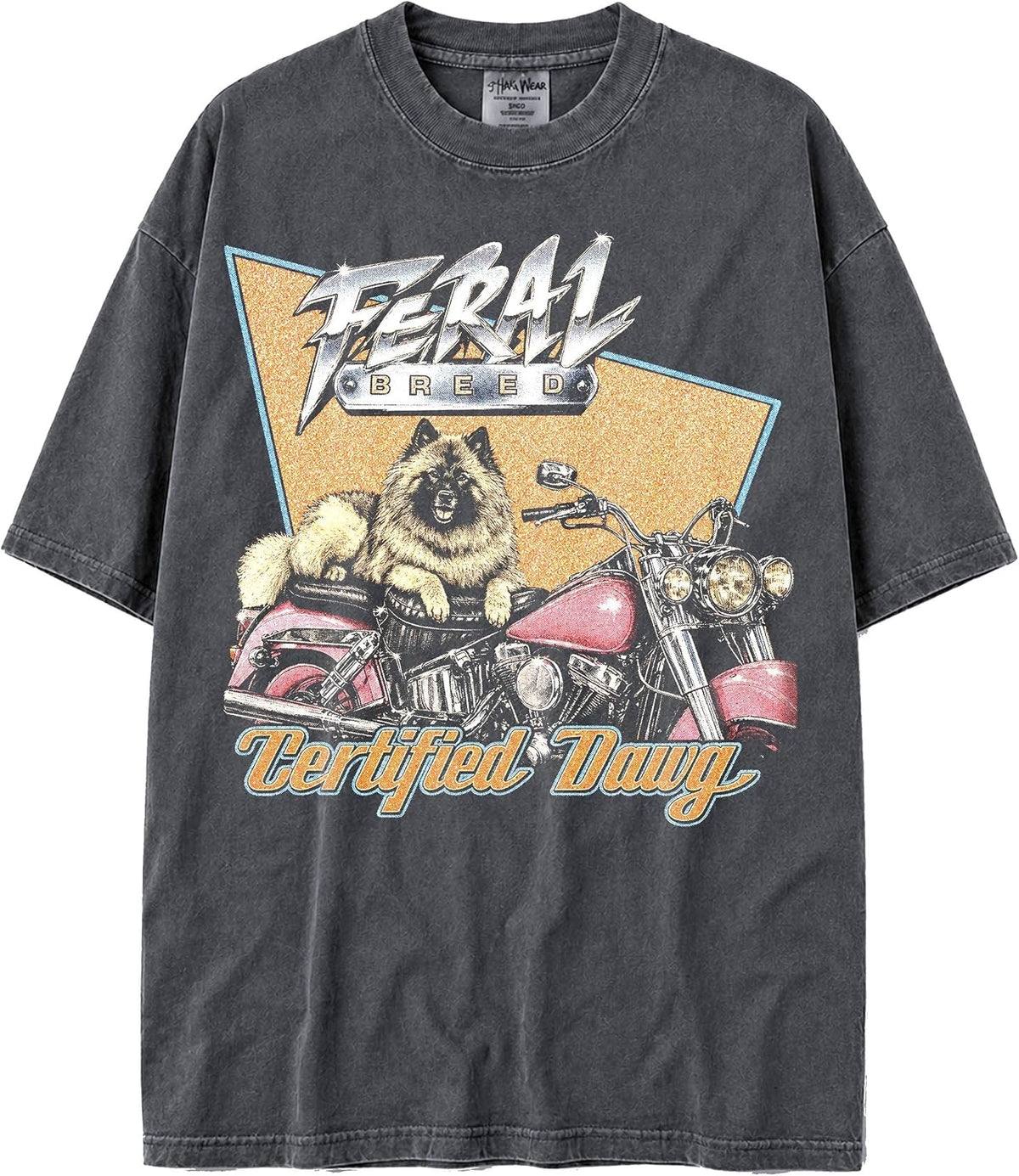 U.S.A. MAX-Heavyweight Faded Shaka Wear Oversized 7.5oz Cotton Tshirt with Biker Animals - Keeshond