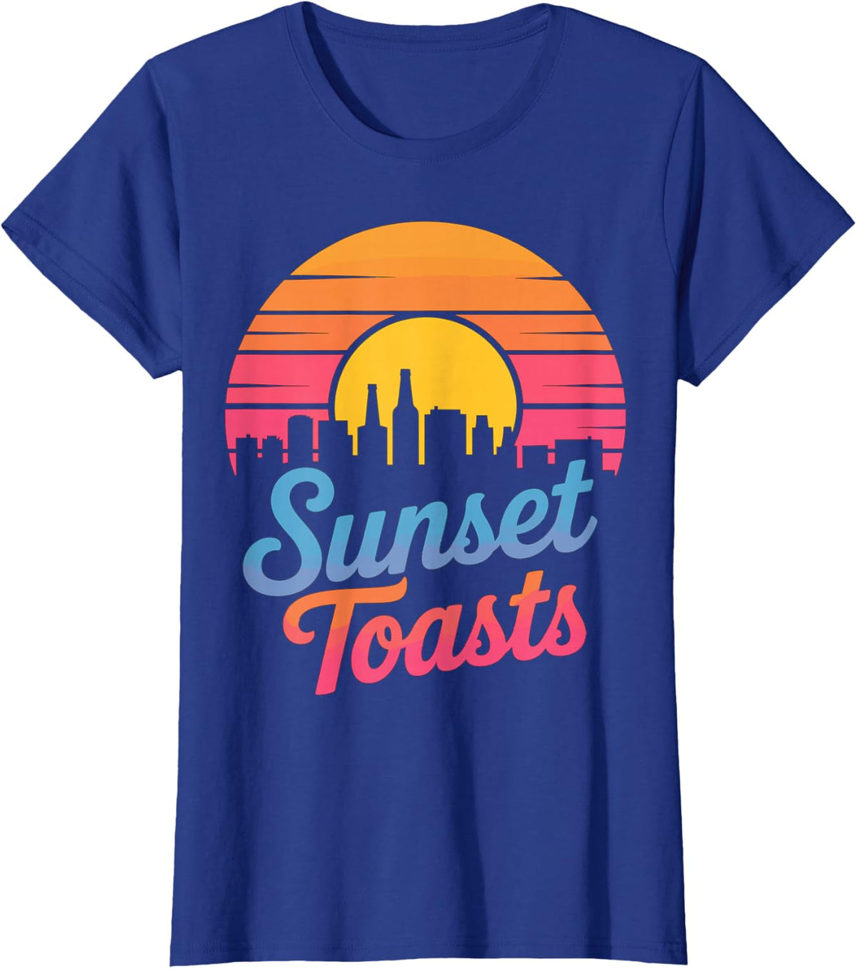Sunset Toasts Retro Sunset Skyline Design T-Shirt - Royal Blue