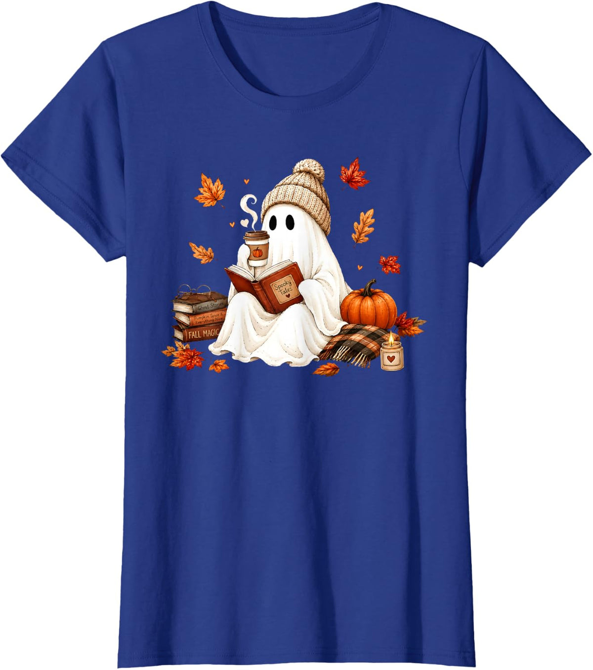 Cute Ghost Reading Book Lovers Autumn Fall Halloween Ghost T-Shirt - Royal Blue