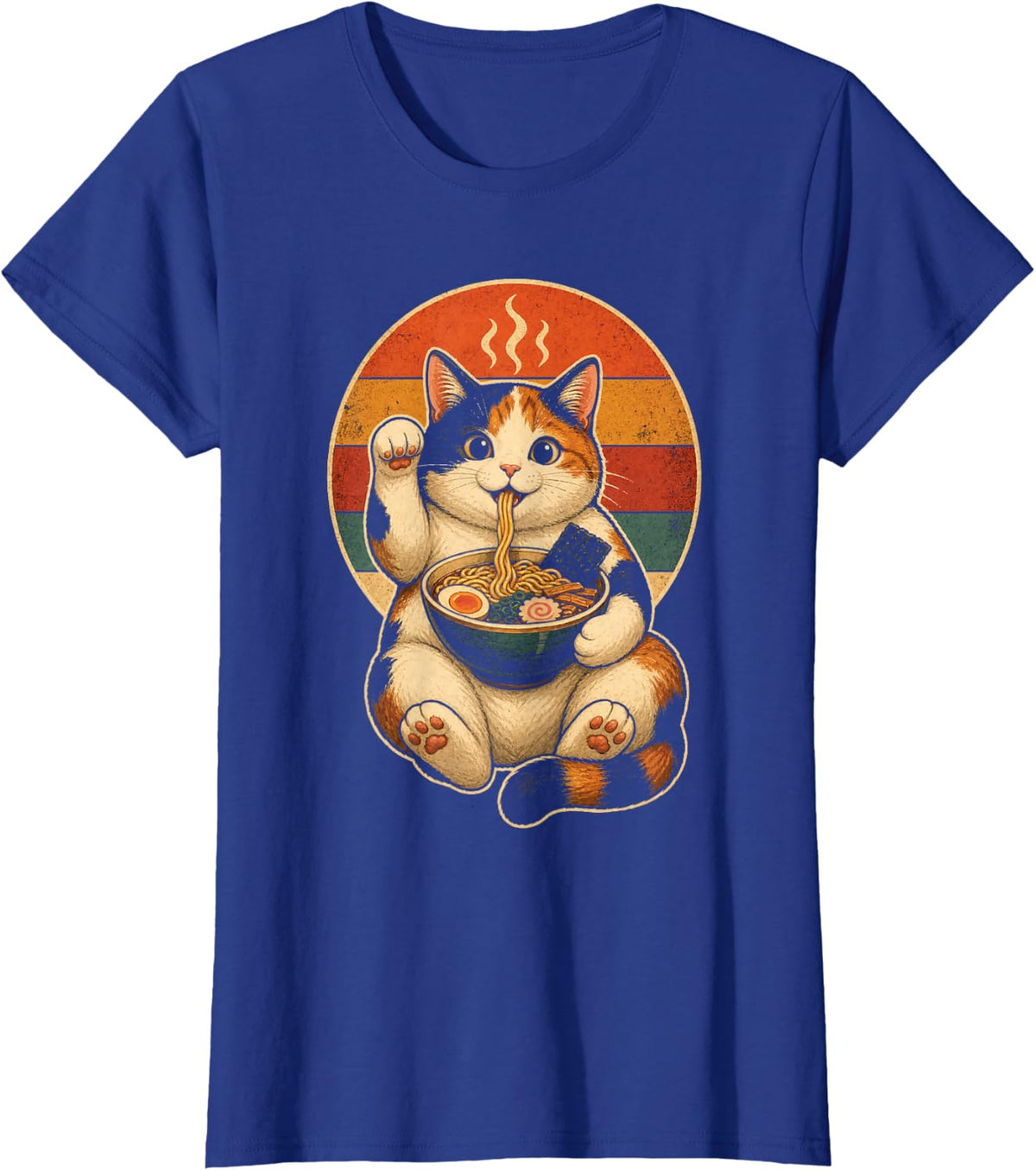 Kawaii Ramen Cat Japanese Lucky Calico Retro Sunset T-Shirt - Royal Blue