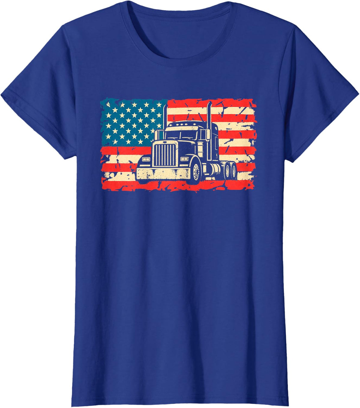 Front View Big Rig American Flag Truck Driver Gift Trucker T-Shirt - Royal Blue