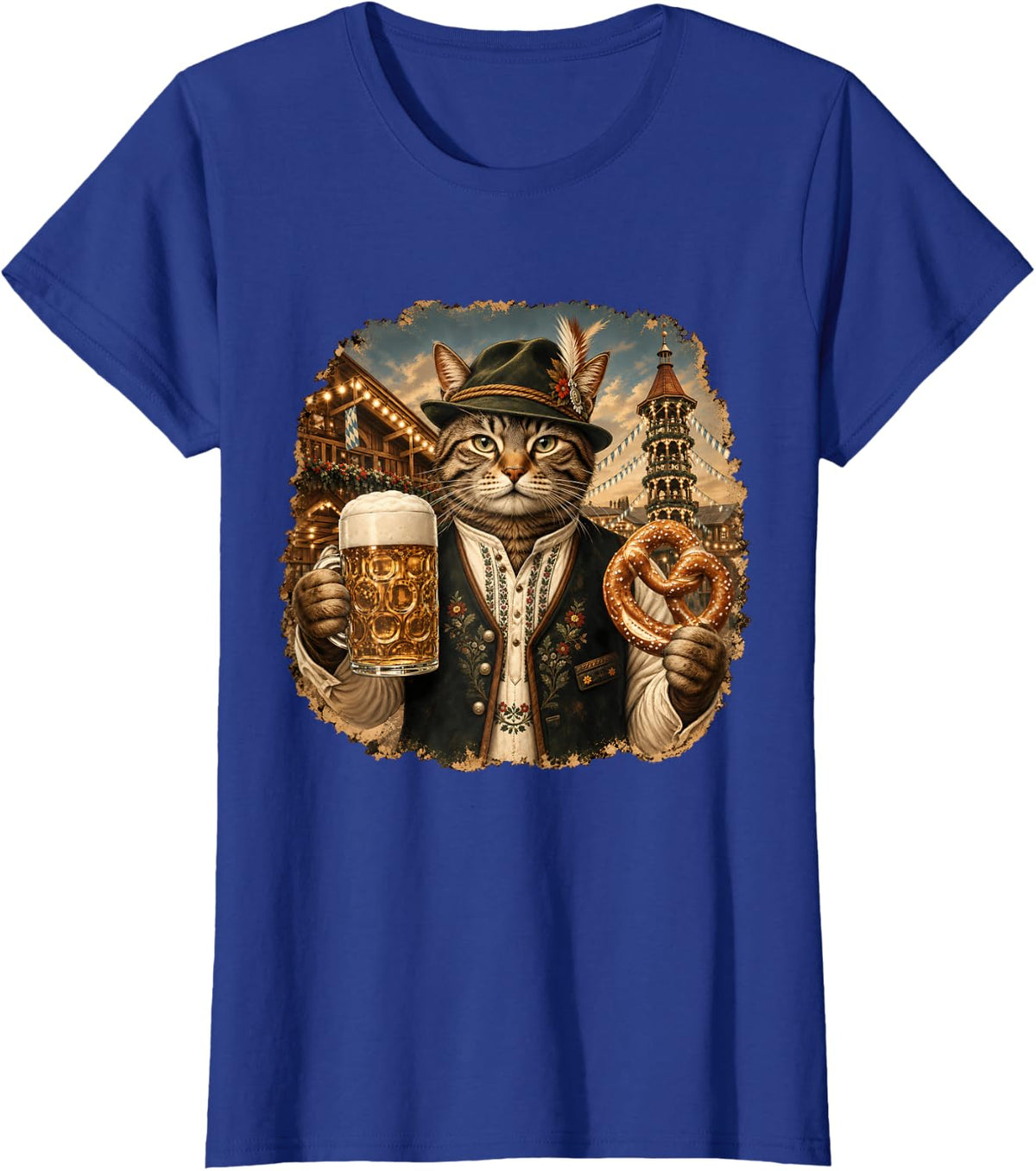 Oktoberfest Cat Beer Festival German Beer Bavarian Pretzel T-Shirt - Royal Blue