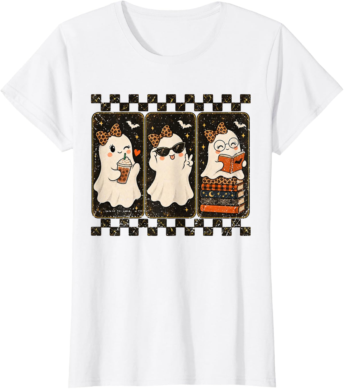 Cute Spooky Leopard Ghost Reading Retro Halloween Book Lover T-Shirt - White