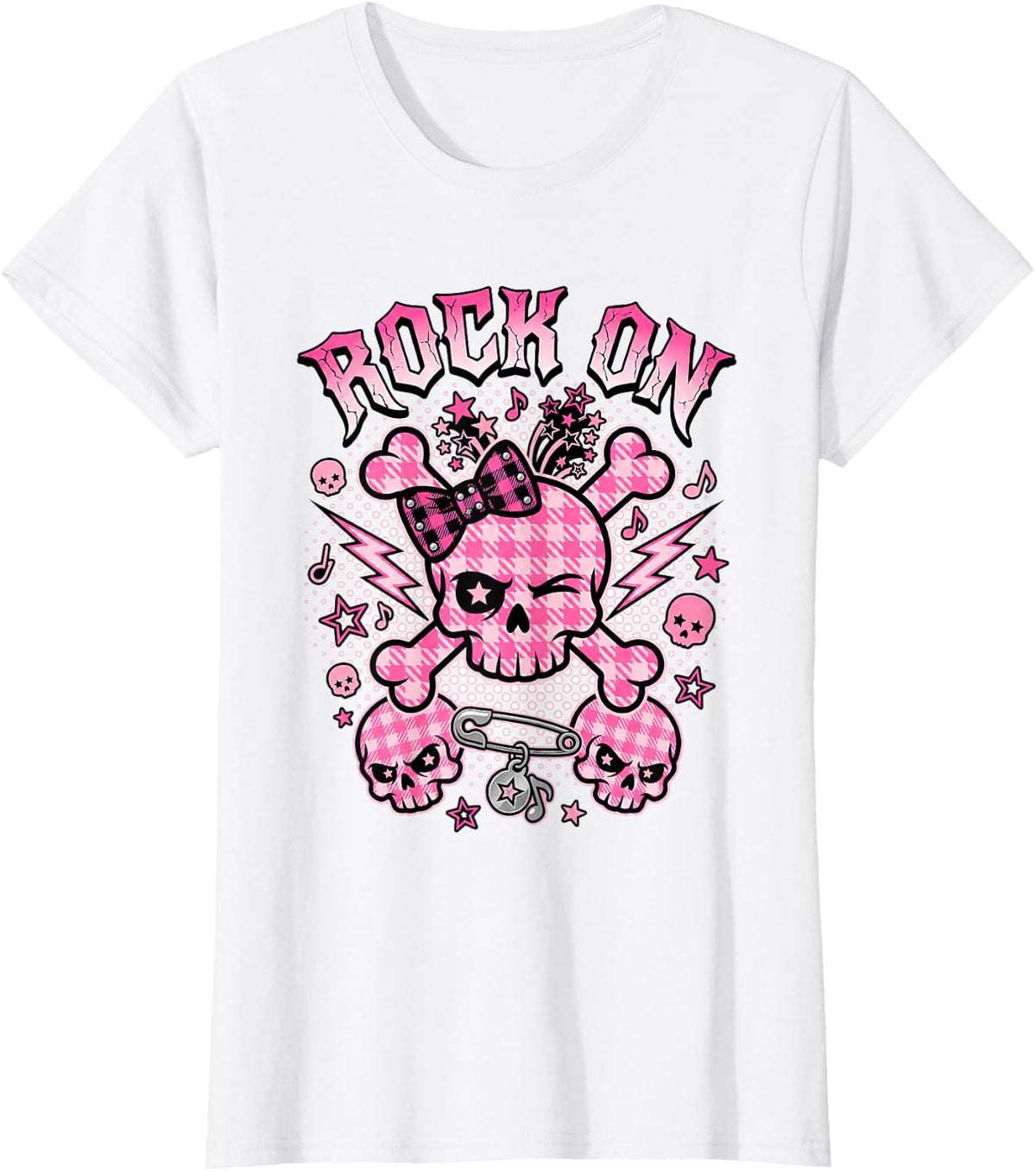 Rock On Pink Skull Bow Crossbones Emo Y2K Aesthetic T-Shirt - White