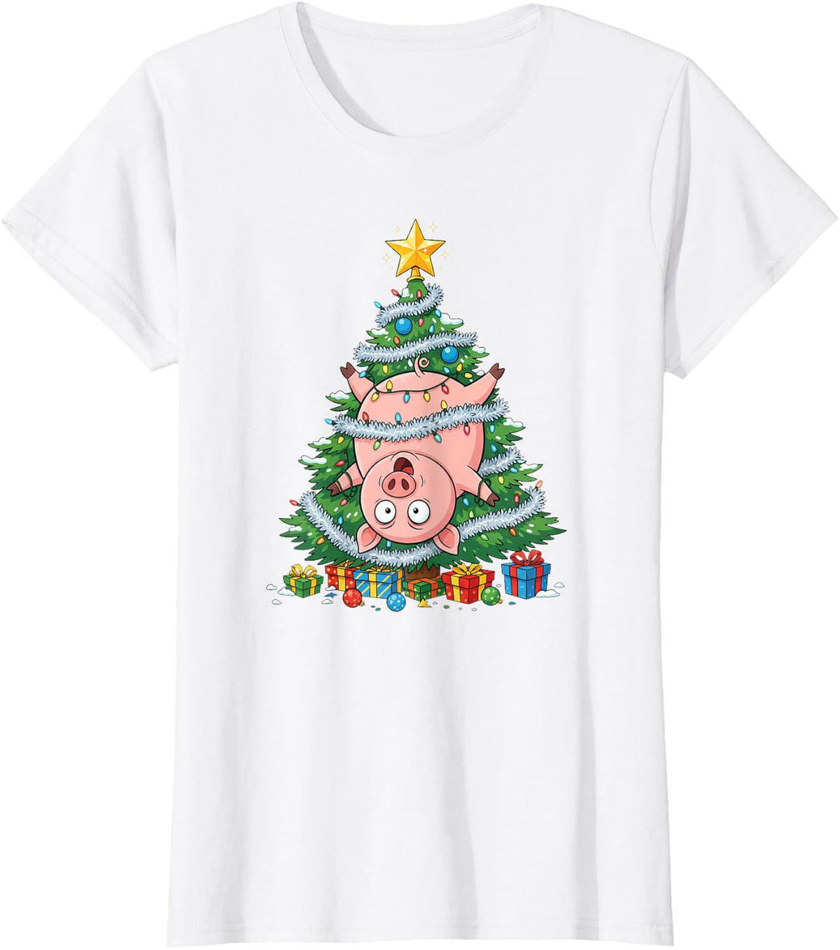 Funny Pig Christmas Tree Kids Mens Womens T-Shirt - White