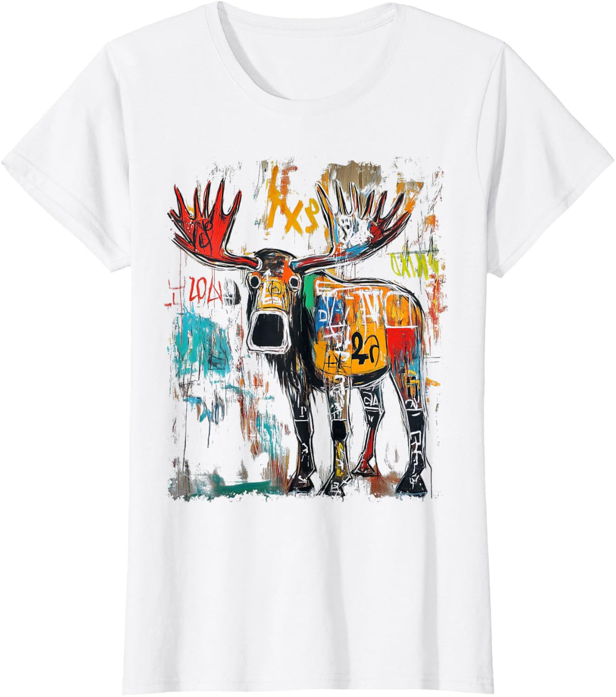 Colorful Abstract Graffiti Doodle Pop Art Moose Graphic Tees T Shirts - White