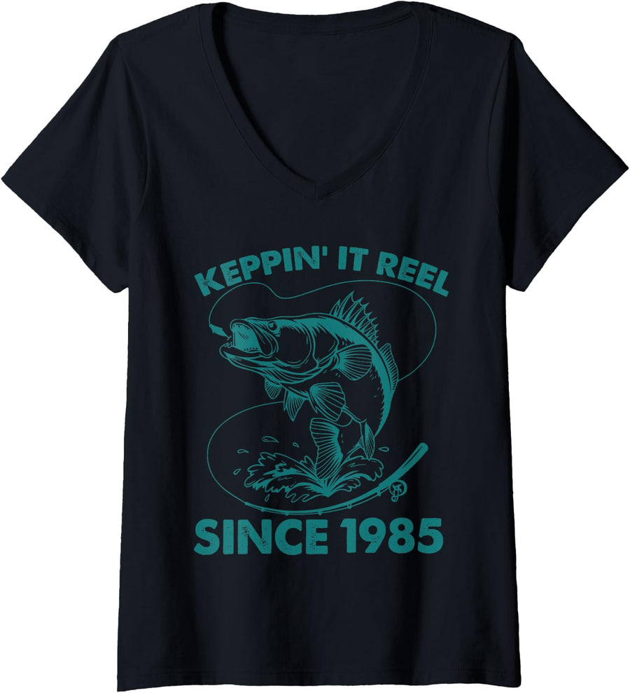 Women's Keepin It Reel Since 1985 Fishing Fisherman 40th Birthday V-Neck T-Shirt - Black