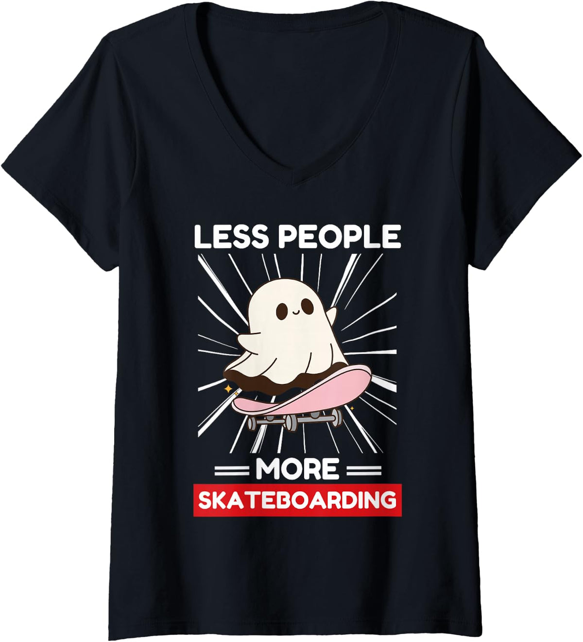 Women's Cute Kawaii Ghost Less People More Skateboarding Lover V-Neck T-Shirt - Black