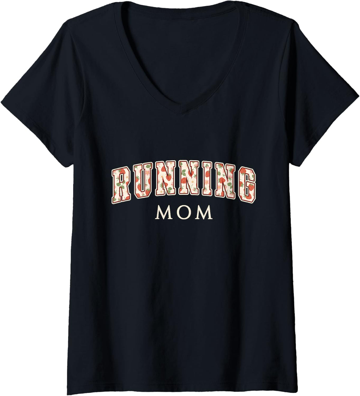 Women's Running Mom Strawberry Varsity Letters Runner Mama V-Neck T-Shirt - Black