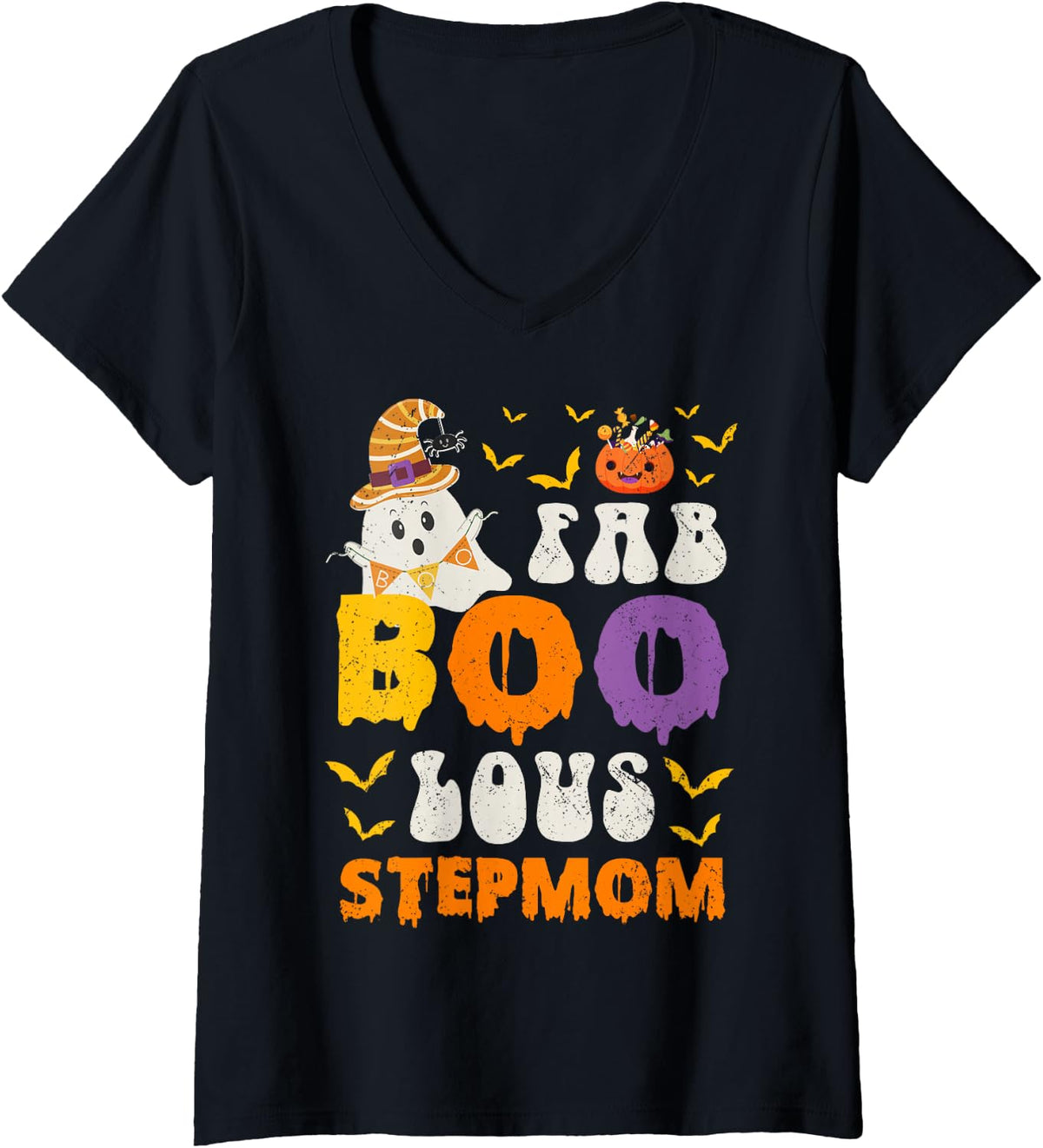 Women's Faboolous Stepmom Halloween Ghost Fun Step Mom V-Neck T-Shirt - Black